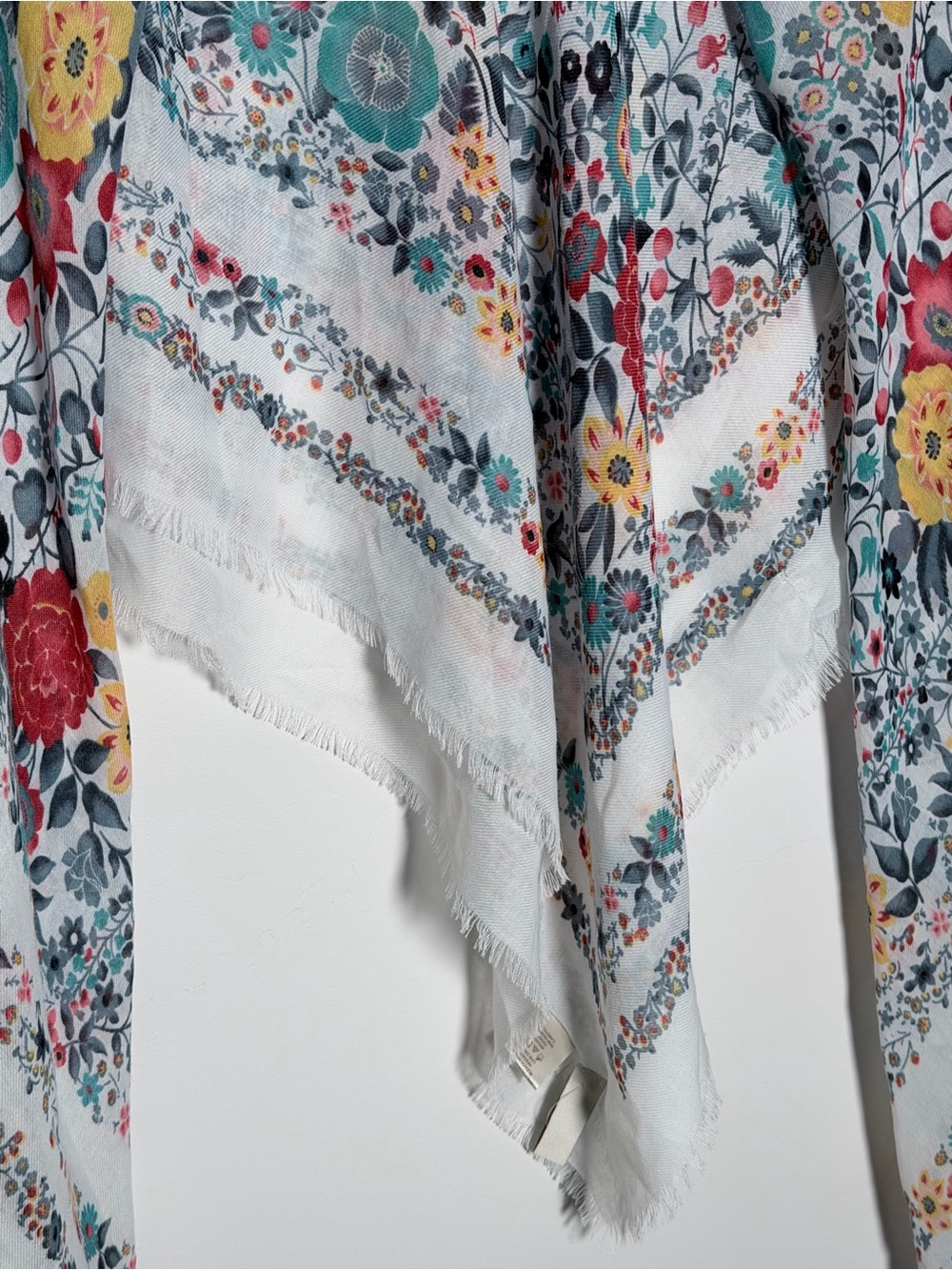 LOFT Floral Scarf in White with Red, Yellow & Teal Blooms - Picture 7 of 10